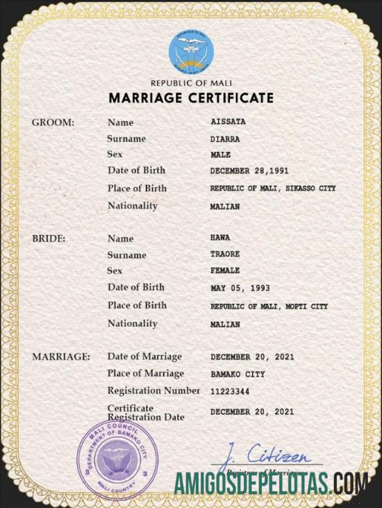 Em branco modelo PSD de certidão de casamento do Mali